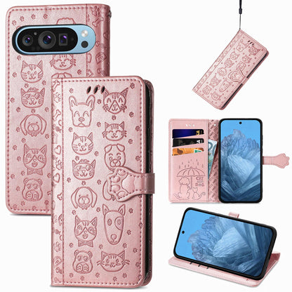 For Google Pixel 11 Pro XL Cat and Dog Embossed Leather Phone Case(Rose Gold)