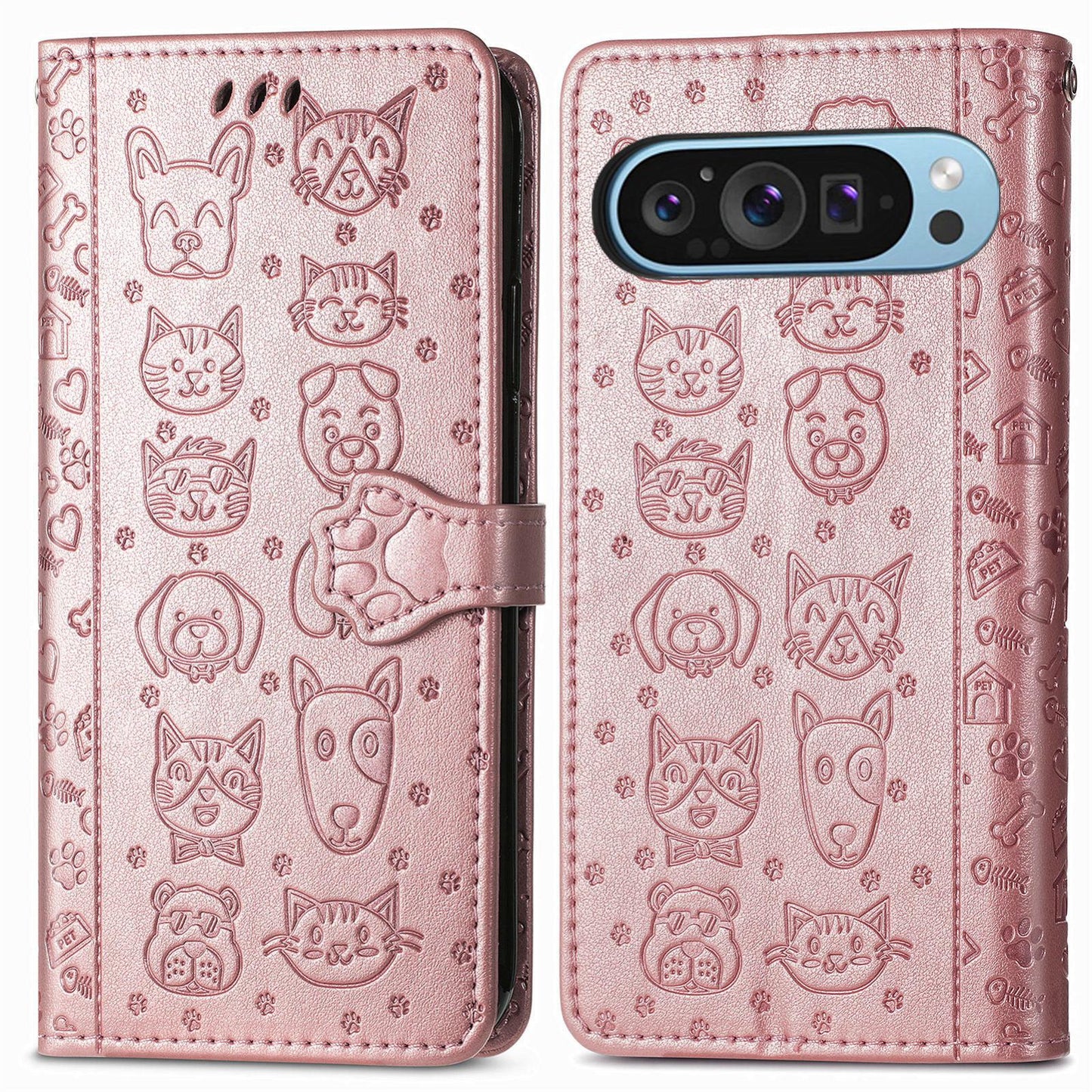 For Google Pixel 11 Pro XL Cat and Dog Embossed Leather Phone Case(Rose Gold)
