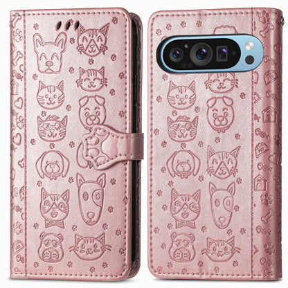 For Google Pixel 11 Pro XL Cat and Dog Embossed Leather Phone Case(Rose Gold)