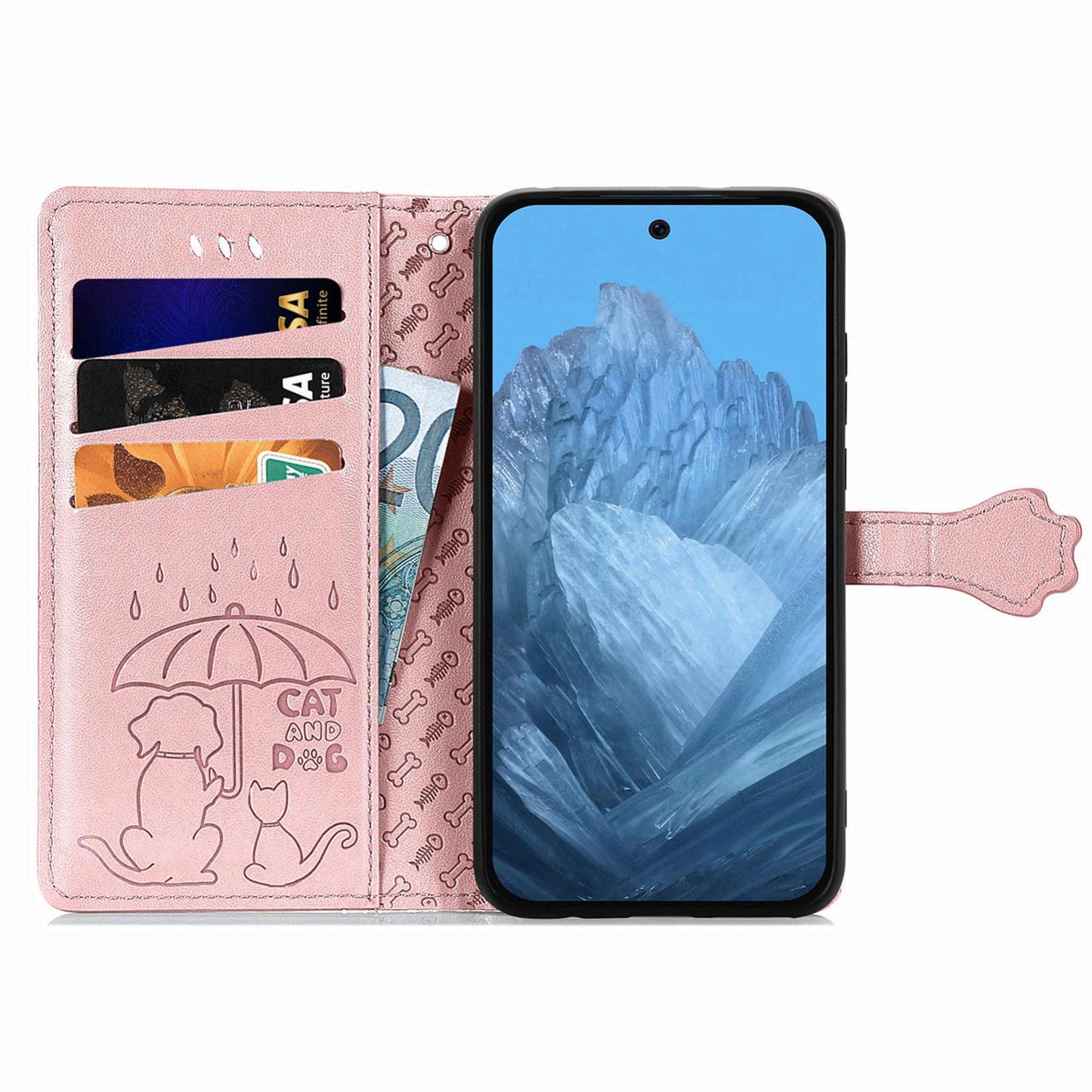 For Google Pixel 11 Pro XL Cat and Dog Embossed Leather Phone Case(Rose Gold)