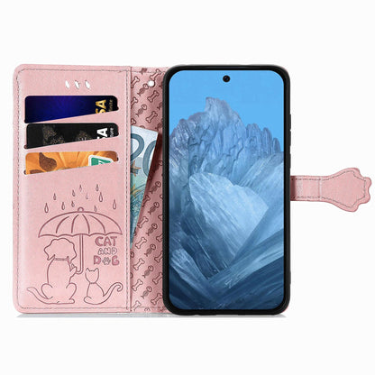 For Google Pixel 11 Pro XL Cat and Dog Embossed Leather Phone Case(Rose Gold)