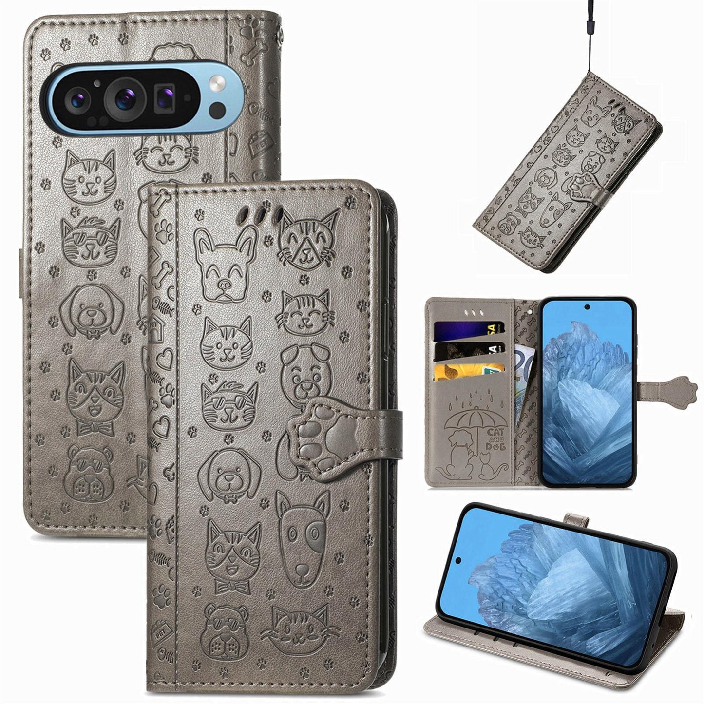 For Google Pixel 11 Pro XL Cat and Dog Embossed Leather Phone Case(Gray)