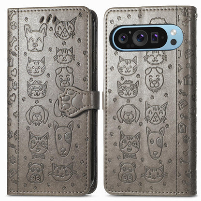For Google Pixel 11 Pro XL Cat and Dog Embossed Leather Phone Case(Gray)