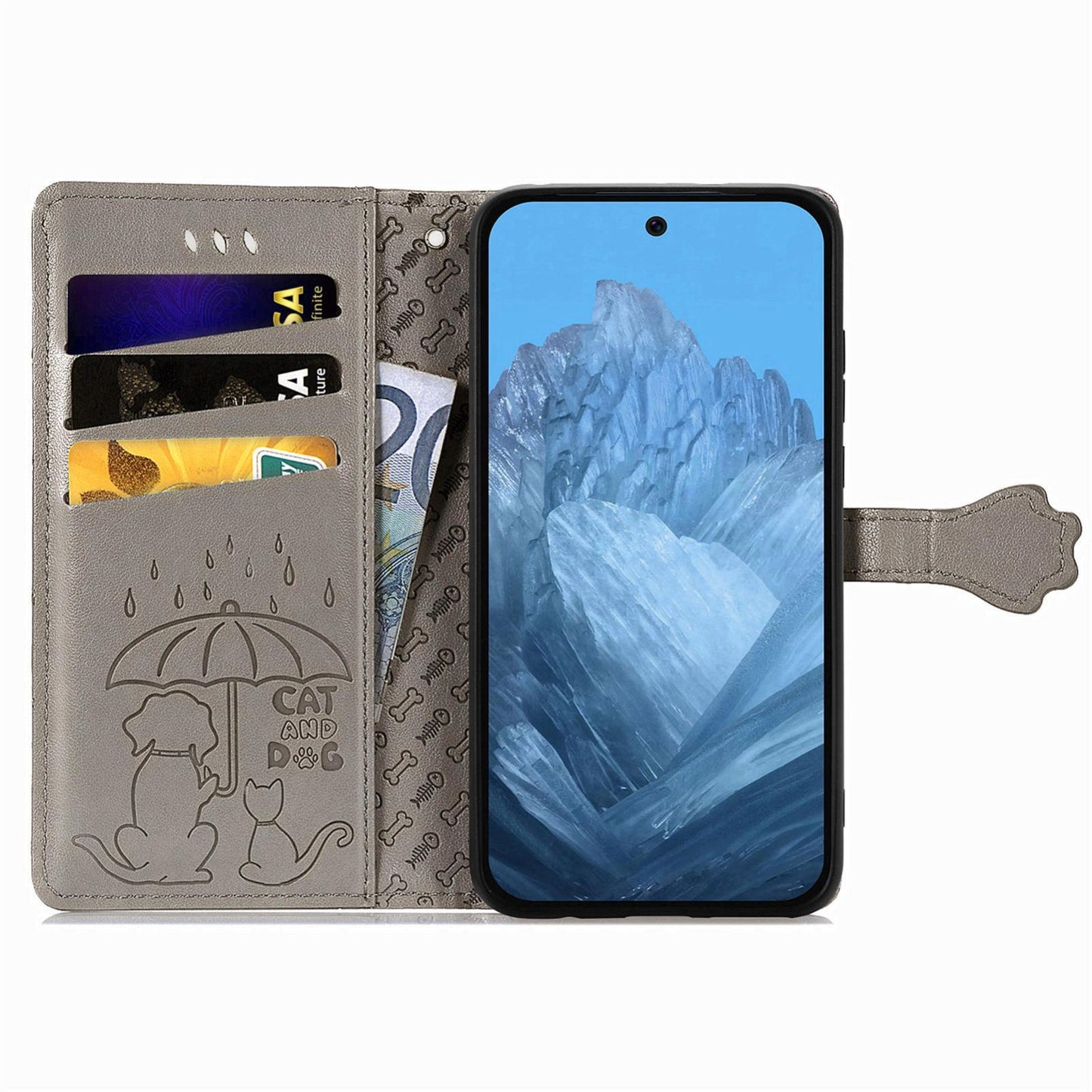 For Google Pixel 11 Pro XL Cat and Dog Embossed Leather Phone Case(Gray)