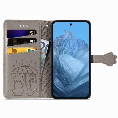 For Google Pixel 11 Pro XL Cat and Dog Embossed Leather Phone Case(Gray)