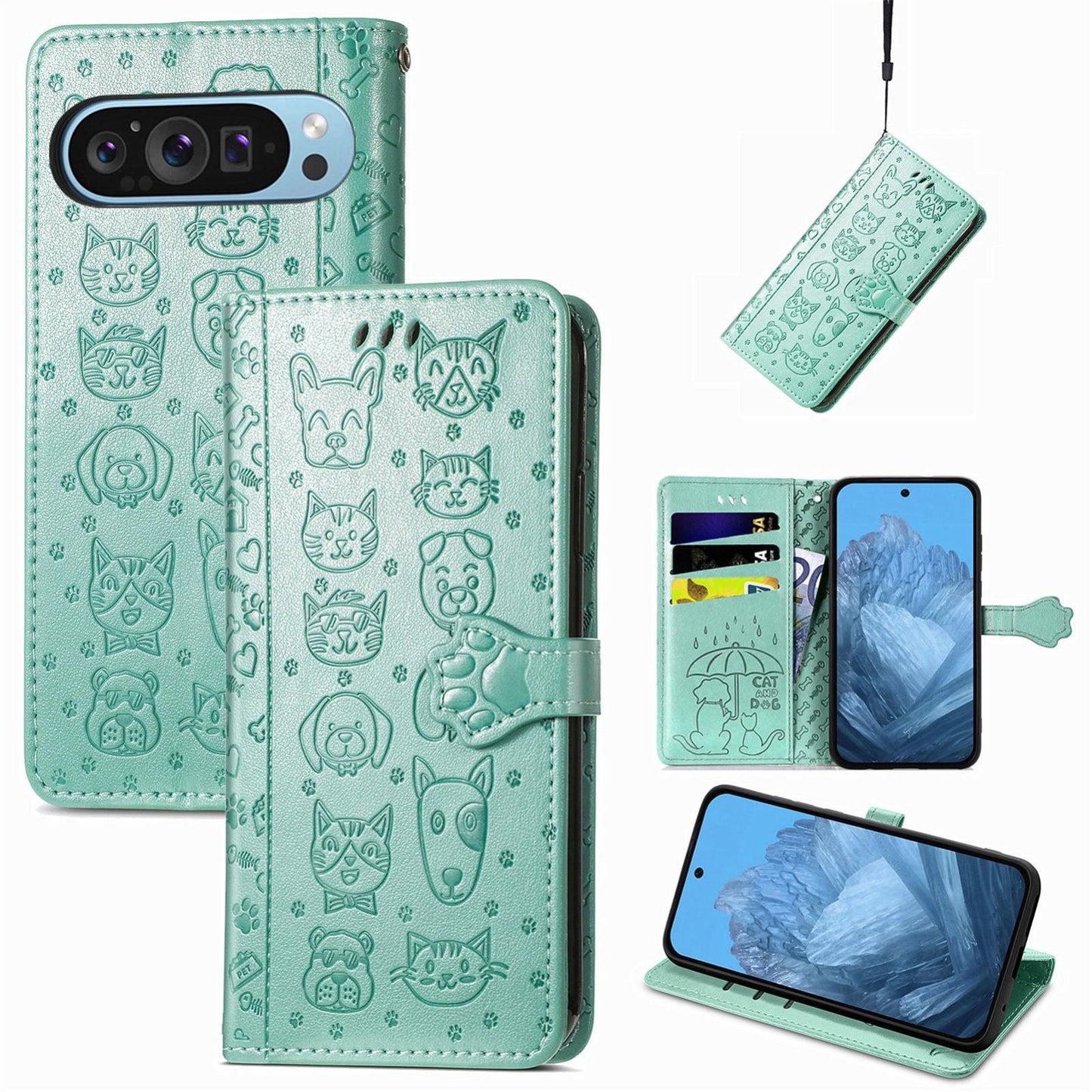 For Google Pixel 11 Pro XL Cat and Dog Embossed Leather Phone Case(Green)
