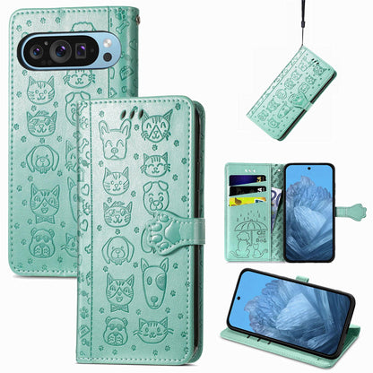 For Google Pixel 11 Pro XL Cat and Dog Embossed Leather Phone Case(Green)