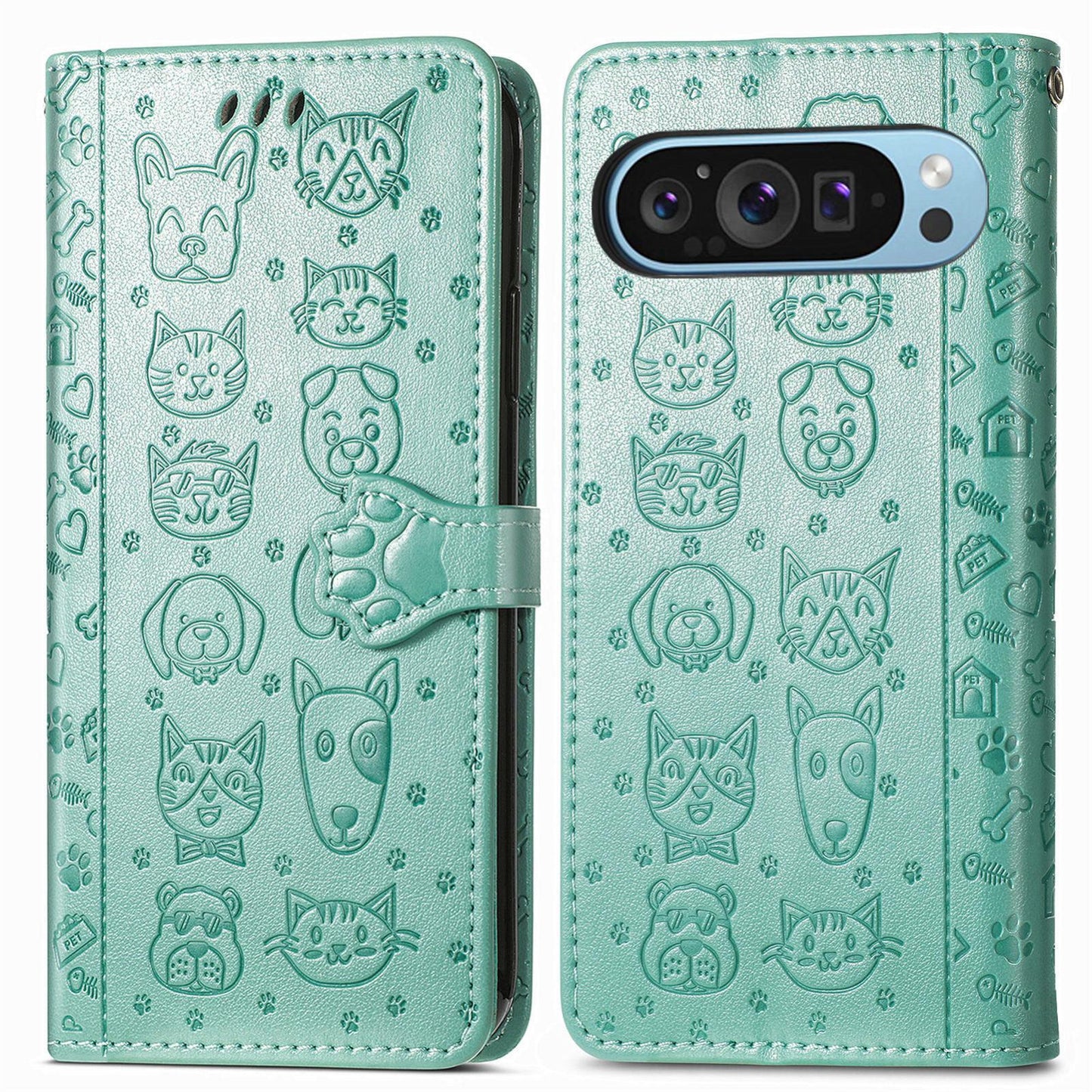 For Google Pixel 11 Pro XL Cat and Dog Embossed Leather Phone Case(Green)