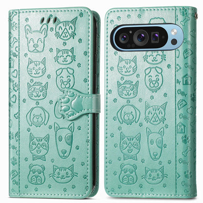 For Google Pixel 11 Pro XL Cat and Dog Embossed Leather Phone Case(Green)