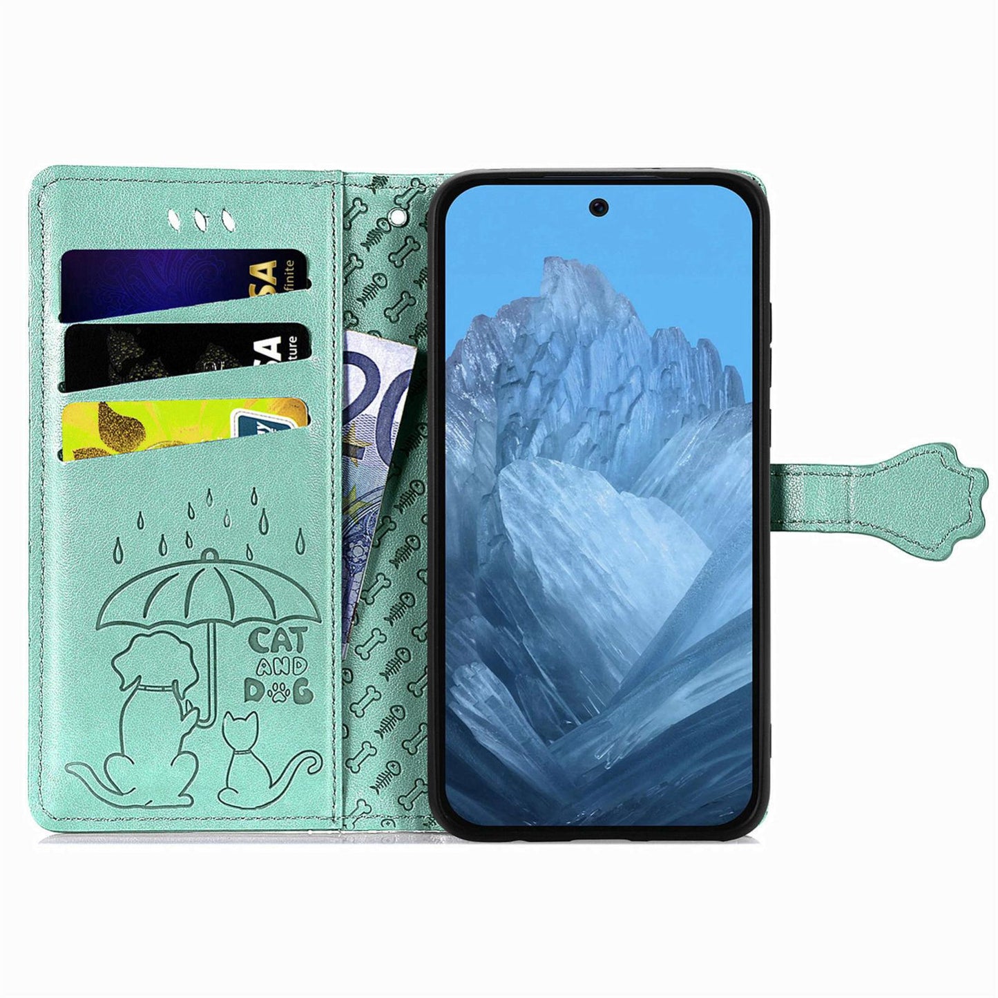 For Google Pixel 11 Pro XL Cat and Dog Embossed Leather Phone Case(Green)