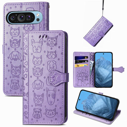 For Google Pixel 11 Pro XL Cat and Dog Embossed Leather Phone Case(Purple)