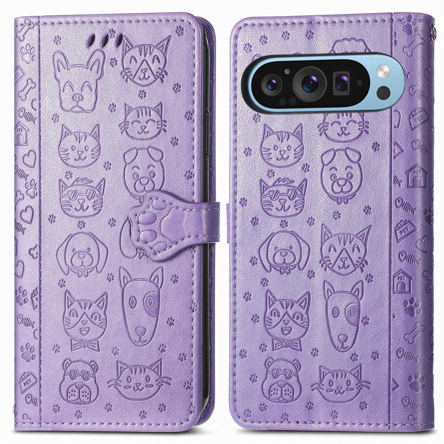For Google Pixel 11 Pro XL Cat and Dog Embossed Leather Phone Case(Purple)