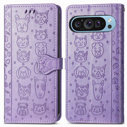 For Google Pixel 11 Pro XL Cat and Dog Embossed Leather Phone Case(Purple)