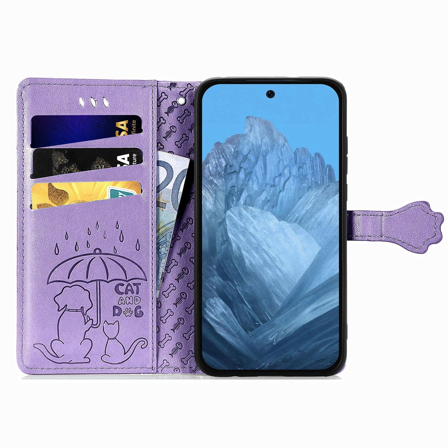 For Google Pixel 11 Pro XL Cat and Dog Embossed Leather Phone Case(Purple)