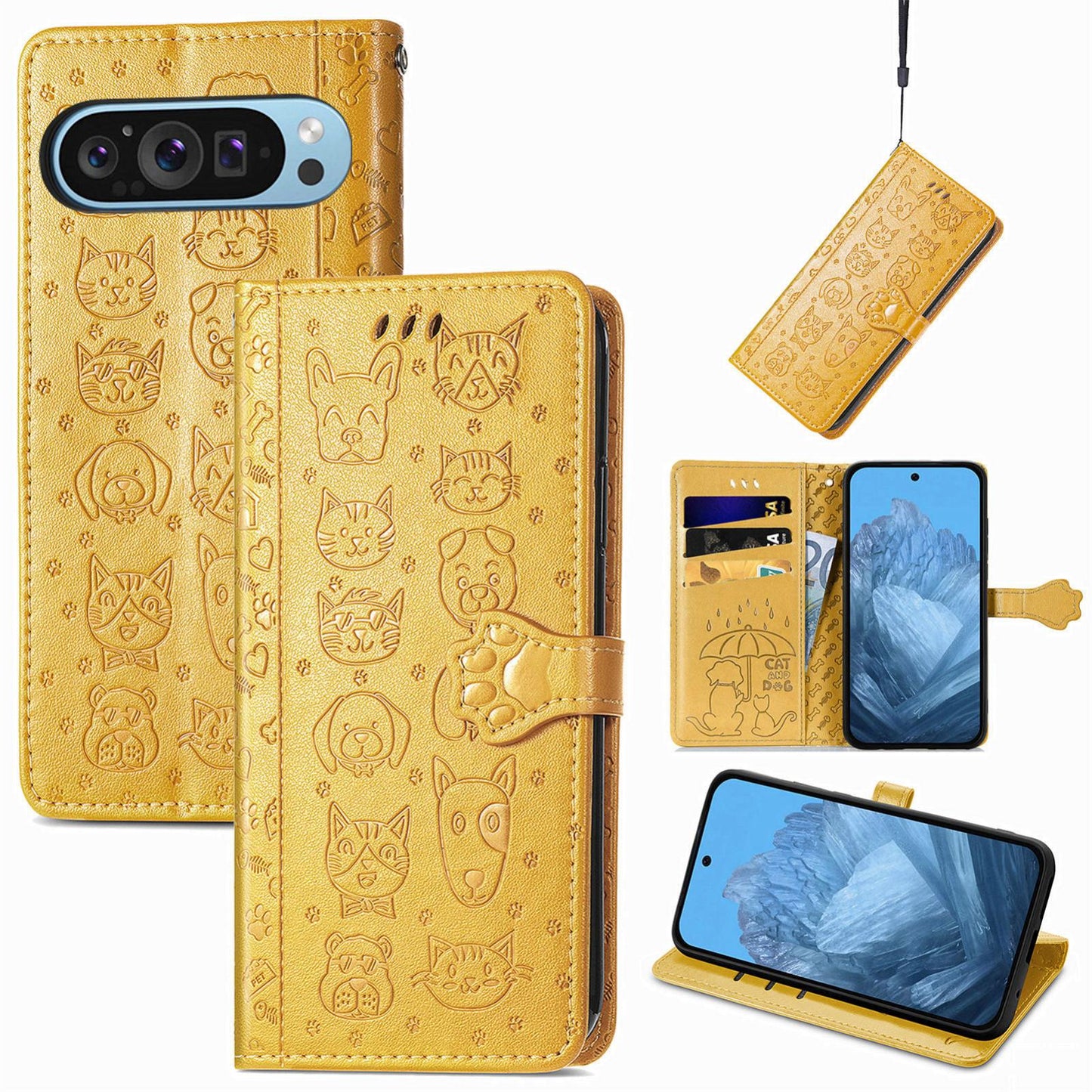 For Google Pixel 11 Pro XL Cat and Dog Embossed Leather Phone Case(Yellow)