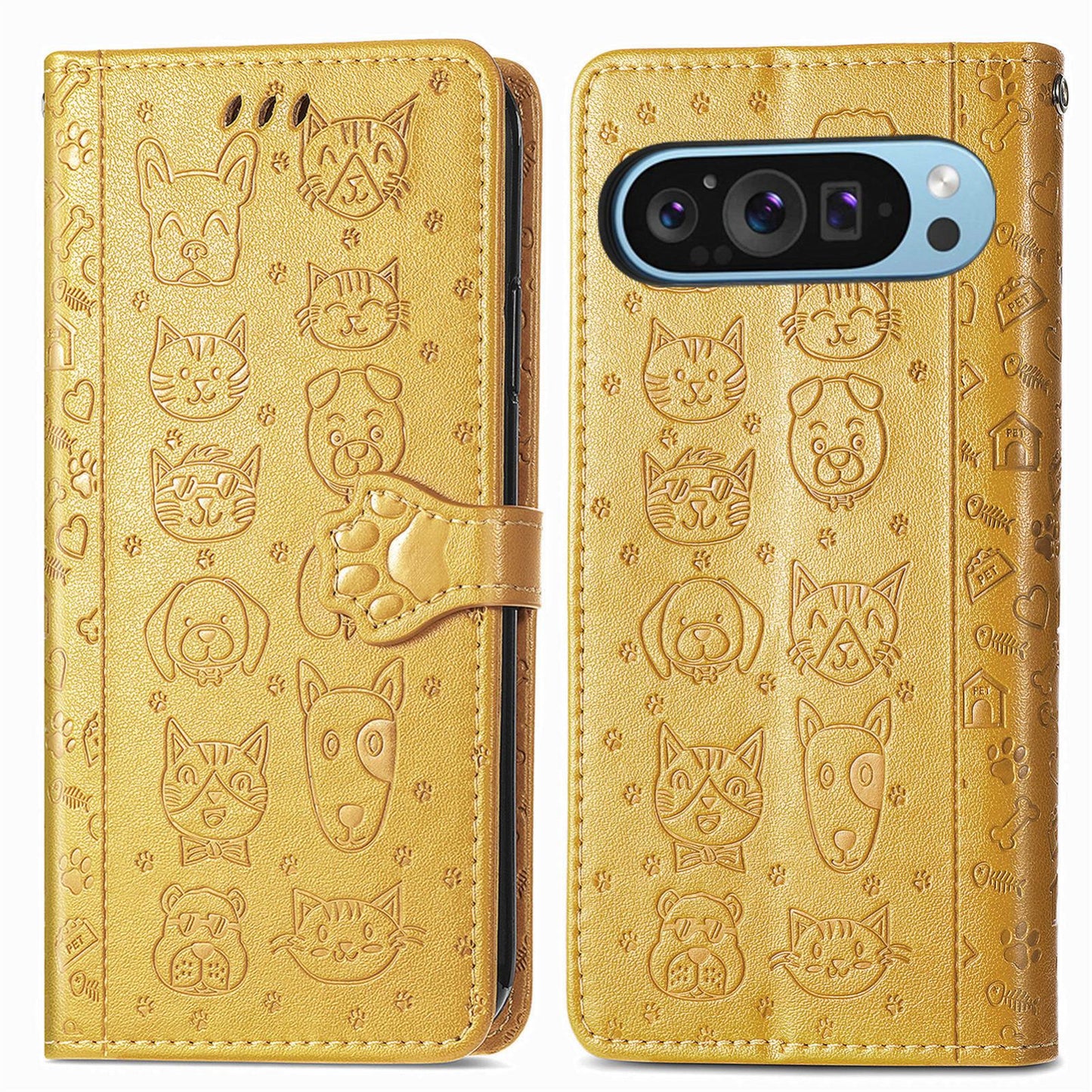 For Google Pixel 11 Pro XL Cat and Dog Embossed Leather Phone Case(Yellow)