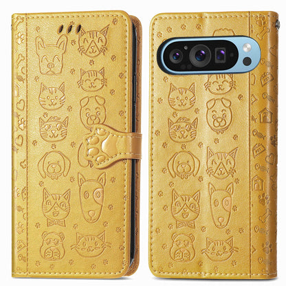 For Google Pixel 11 Pro XL Cat and Dog Embossed Leather Phone Case(Yellow)