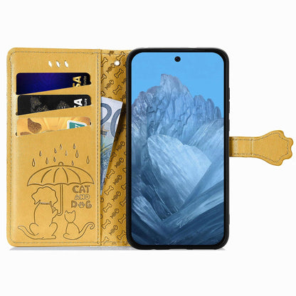 For Google Pixel 11 Pro XL Cat and Dog Embossed Leather Phone Case(Yellow)