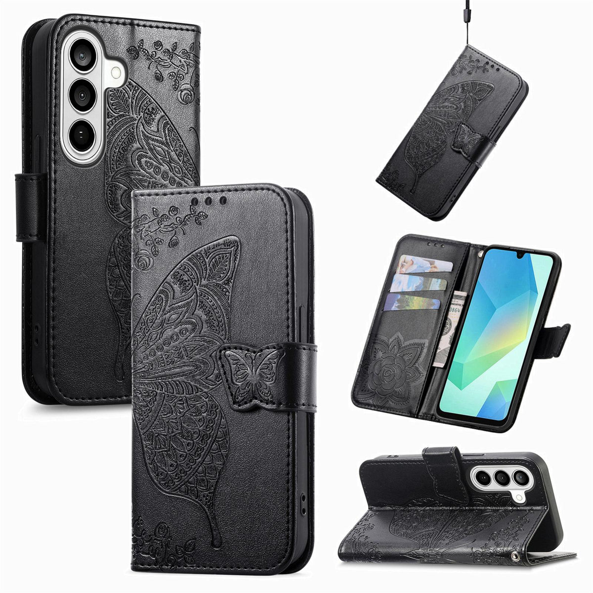For Galaxy S26 FE 5G Butterfly Love Flower Embossed Leather Phone Case - Black - SYA002212503A