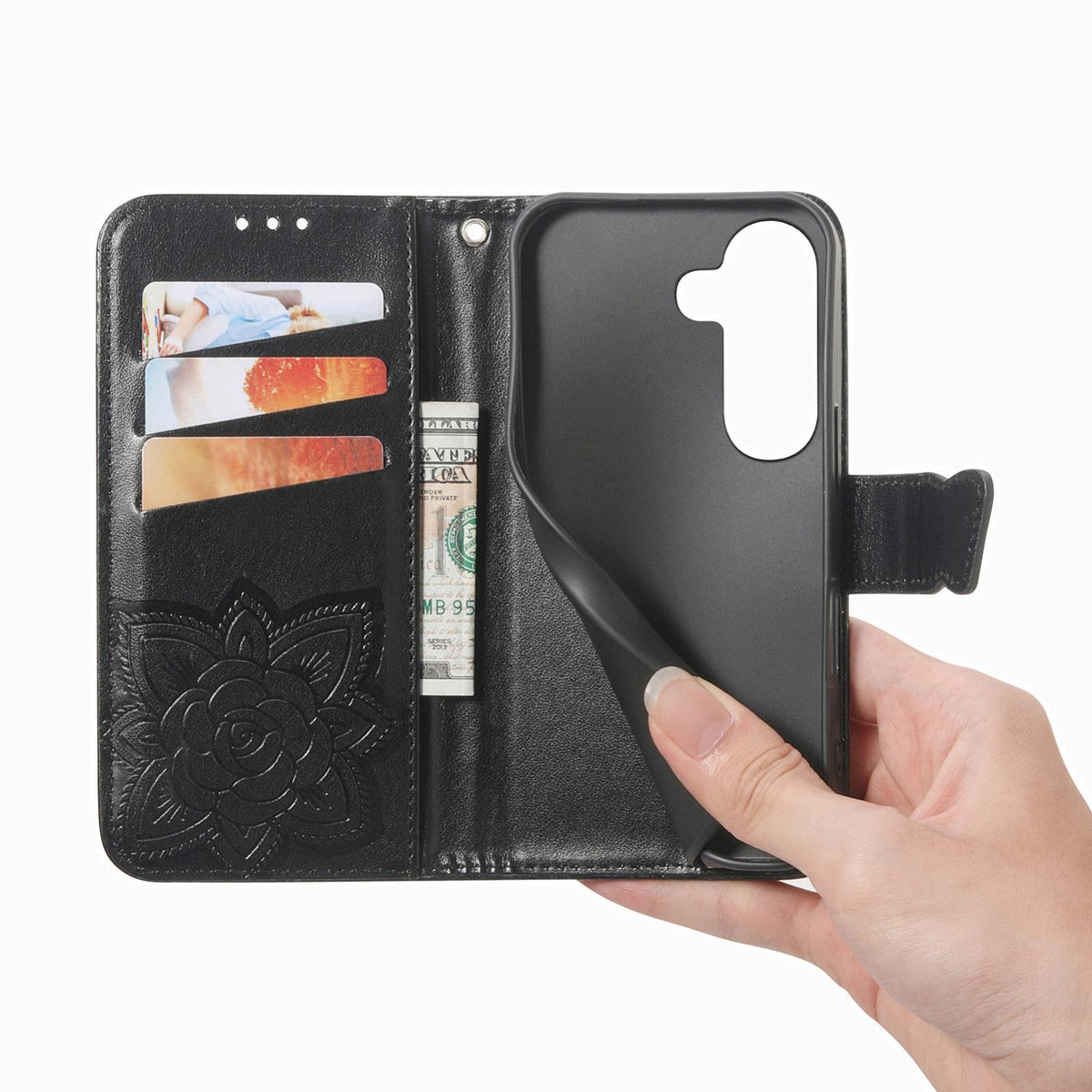 For Galaxy S26 FE 5G Butterfly Love Flower Embossed Leather Phone Case - Black - SYA002212503A