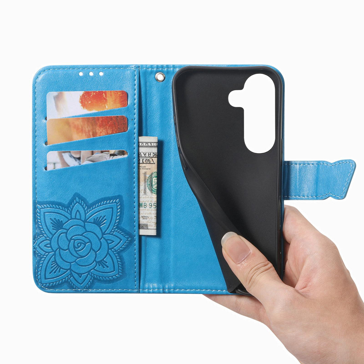 For Galaxy S26 FE 5G Butterfly Love Flower Embossed Leather Phone Case - Blue - SYA002212503B