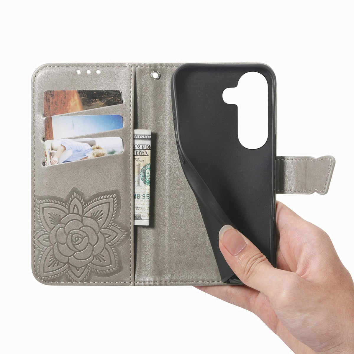 For Galaxy S26 FE 5G Butterfly Love Flower Embossed Leather Phone Case - Gray - SYA002212503G
