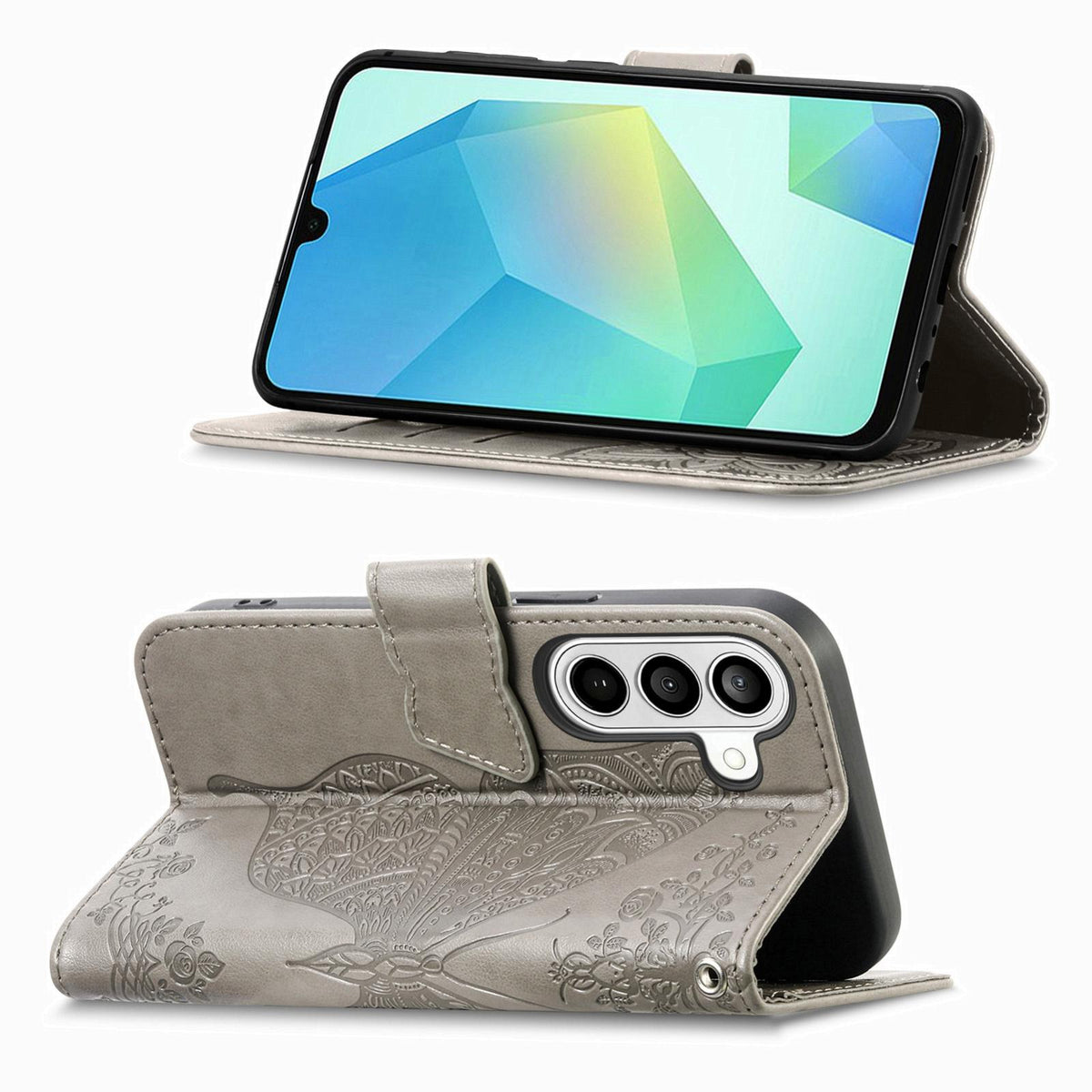 For Galaxy S26 FE 5G Butterfly Love Flower Embossed Leather Phone Case - Gray - SYA002212503G