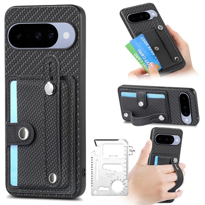 For Google Pixel 11 Pro XL Wristband Kickstand Card Wallet Back Cover Phone Case with Tool Knife - Black - SYA002231010A