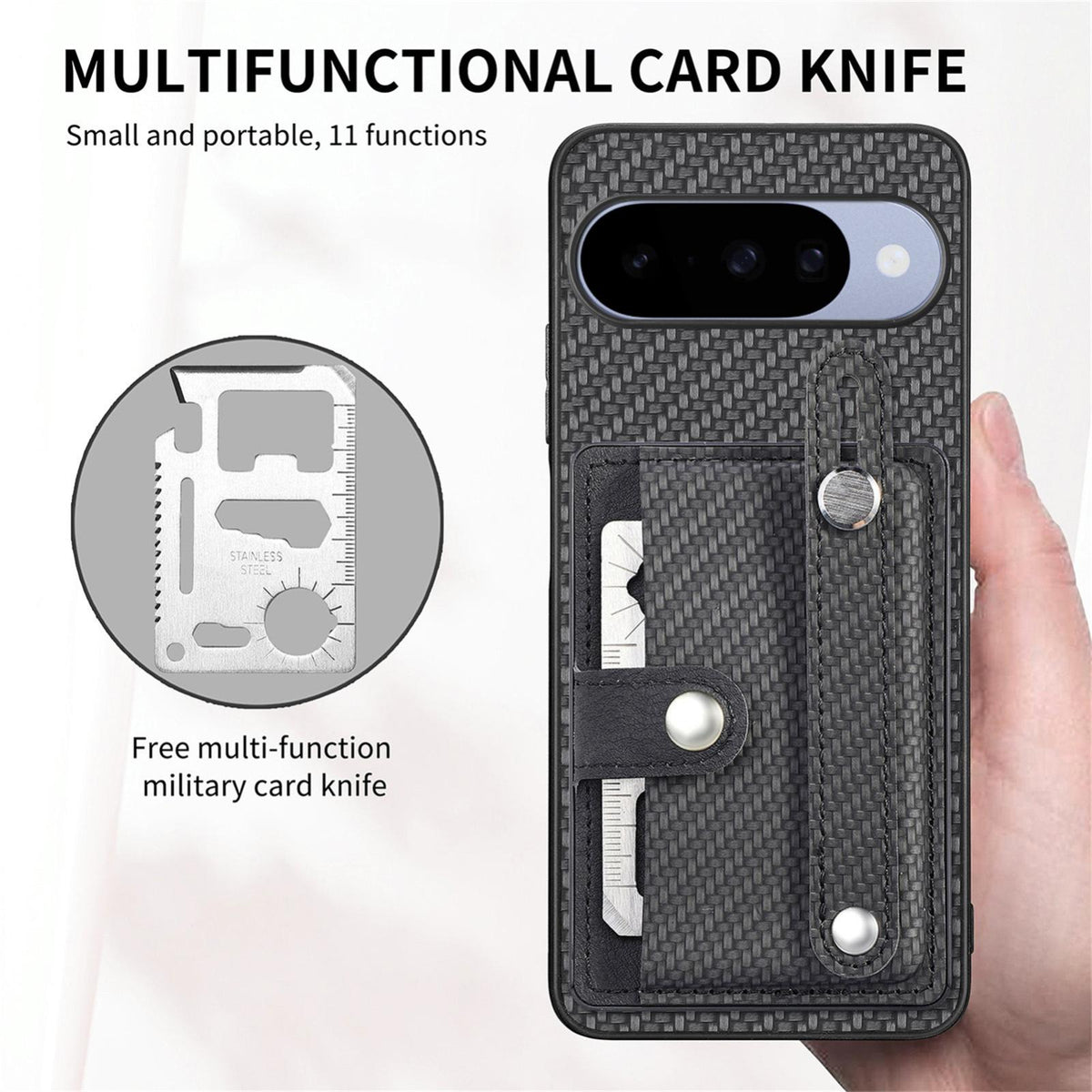For Google Pixel 11 Pro XL Wristband Kickstand Card Wallet Back Cover Phone Case with Tool Knife - Black - SYA002231010A