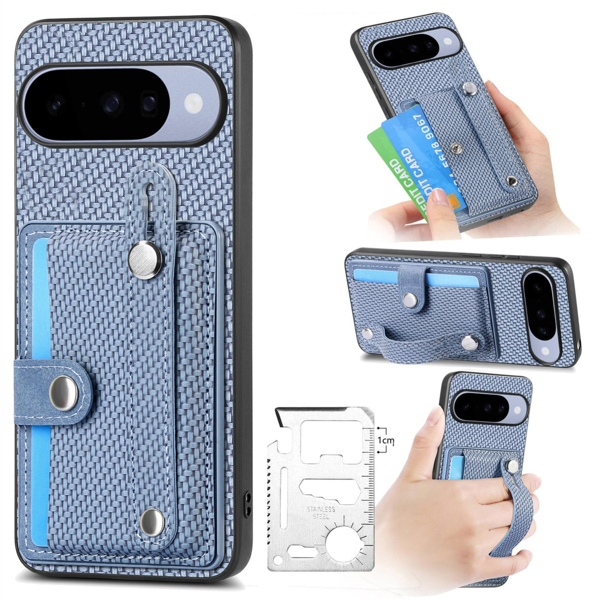 For Google Pixel 11 Pro XL Wristband Kickstand Card Wallet Back Cover Phone Case with Tool Knife - Blue - SYA002231010B