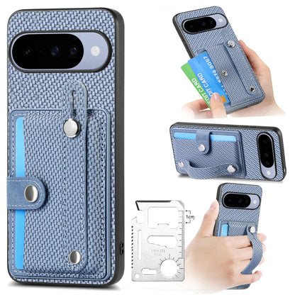 For Google Pixel 11 Pro XL Wristband Kickstand Card Wallet Back Cover Phone Case with Tool Knife - Blue - SYA002231010B
