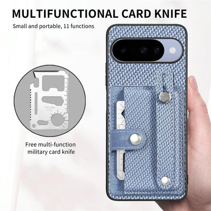 For Google Pixel 11 Pro XL Wristband Kickstand Card Wallet Back Cover Phone Case with Tool Knife - Blue - SYA002231010B