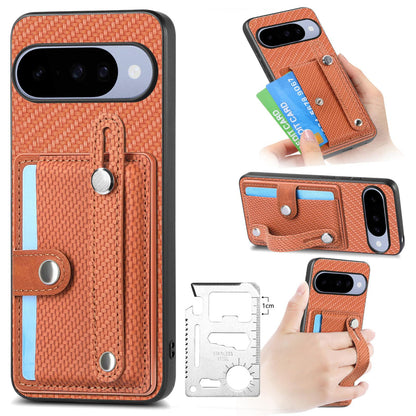 For Google Pixel 11 Pro XL Wristband Kickstand Card Wallet Back Cover Phone Case with Tool Knife - Brown - SYA002231010C