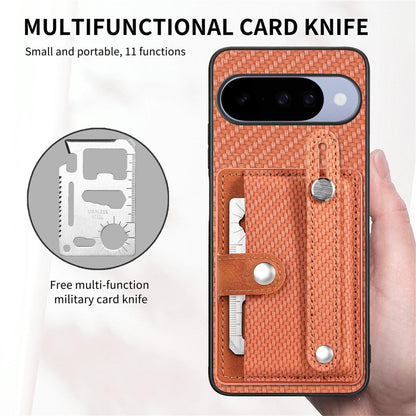 For Google Pixel 11 Pro XL Wristband Kickstand Card Wallet Back Cover Phone Case with Tool Knife - Brown - SYA002231010C