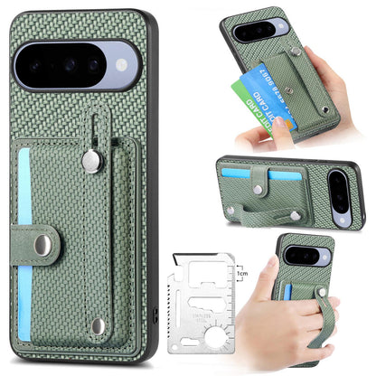 For Google Pixel 11 Pro XL Wristband Kickstand Card Wallet Back Cover Phone Case with Tool Knife - Green - SYA002231010D