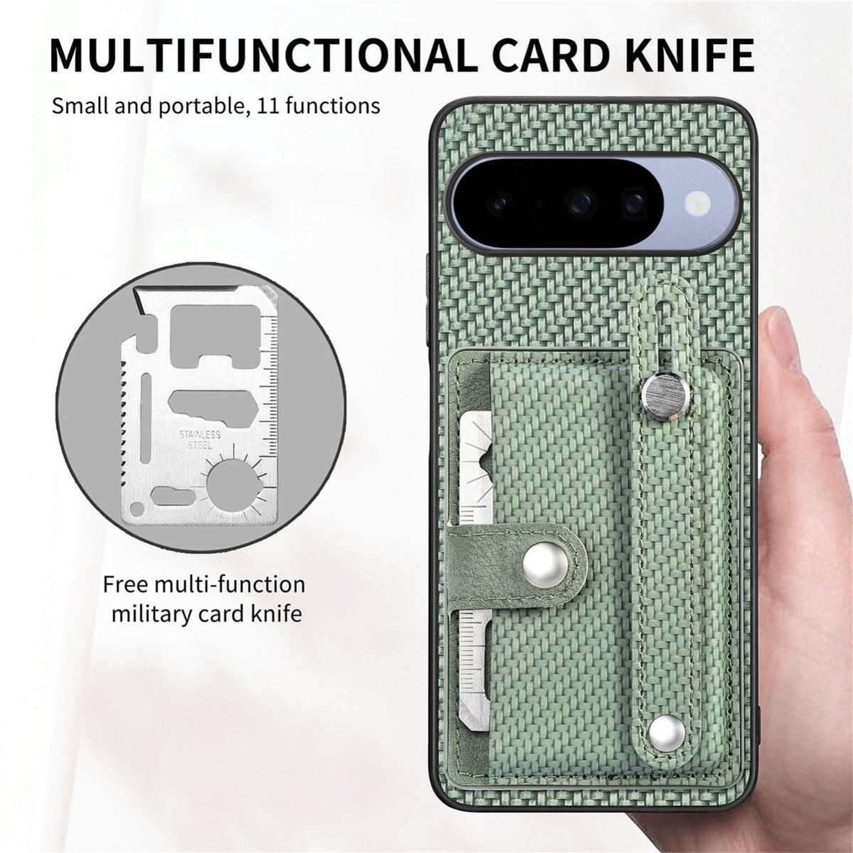For Google Pixel 11 Pro XL Wristband Kickstand Card Wallet Back Cover Phone Case with Tool Knife - Green - SYA002231010D
