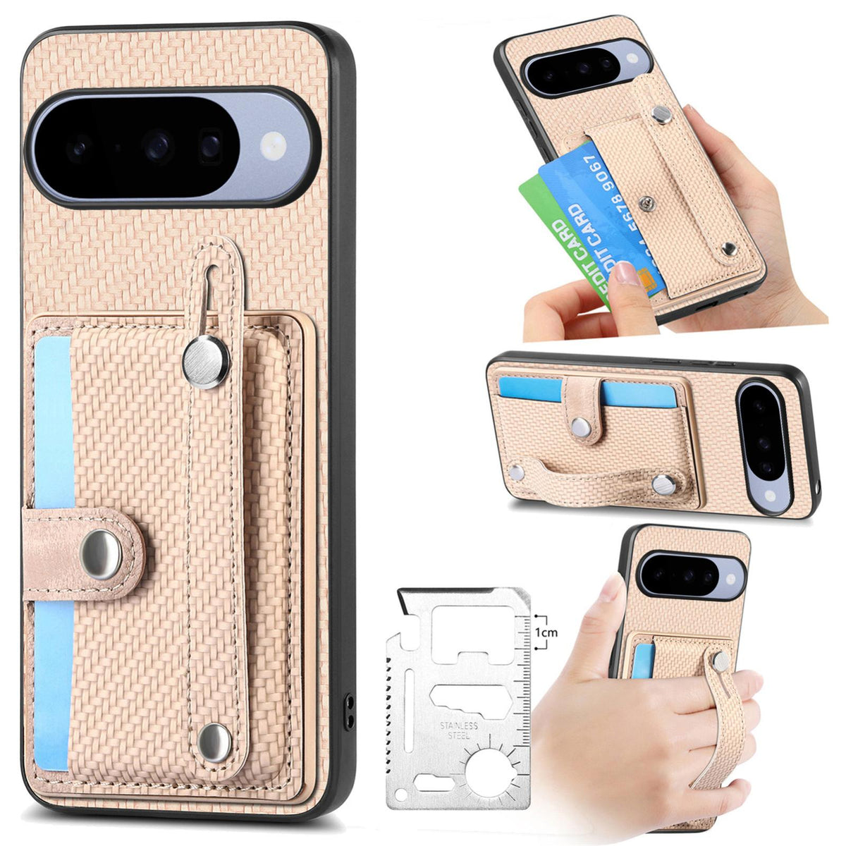 For Google Pixel 11 Pro XL Wristband Kickstand Card Wallet Back Cover Phone Case with Tool Knife - Khaki - SYA002231010E
