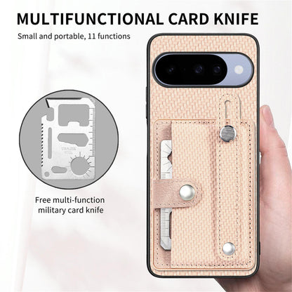 For Google Pixel 11 Pro XL Wristband Kickstand Card Wallet Back Cover Phone Case with Tool Knife - Khaki - SYA002231010E