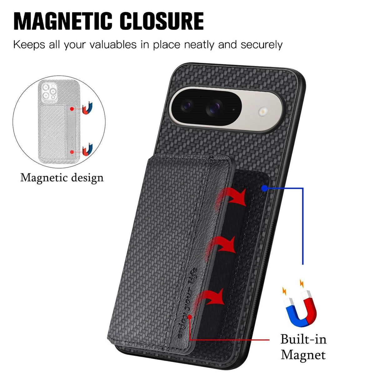 For Google Pixel 11 Carbon Fiber Magnetic Card Bag Phone Case - Black - SYA002236409A