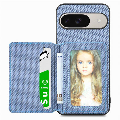 For Google Pixel 11 Carbon Fiber Magnetic Card Bag Phone Case - Blue - SYA002236409B