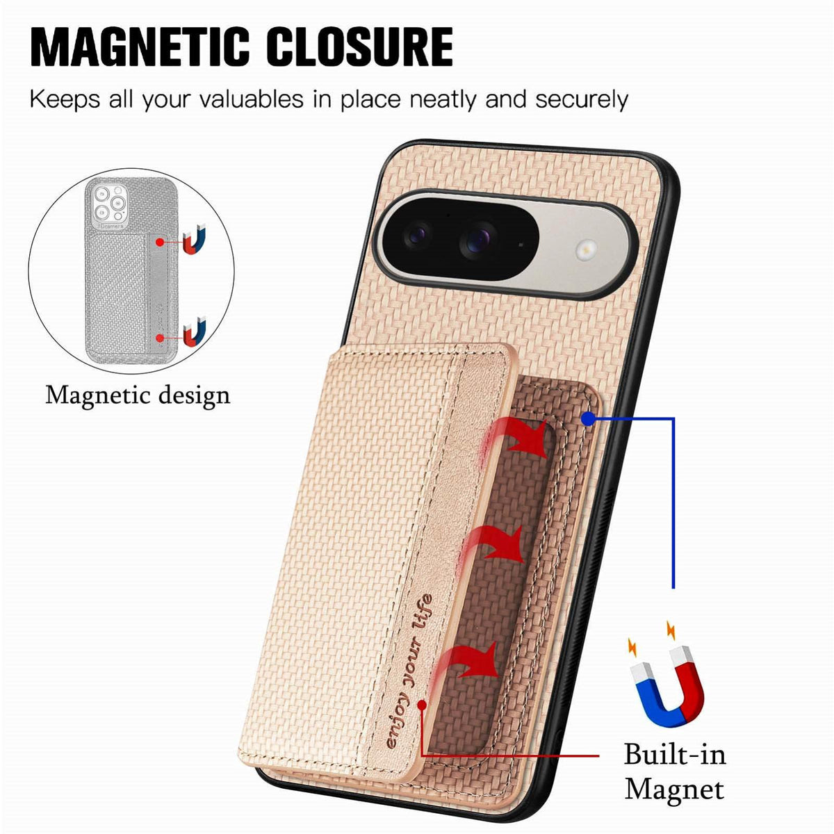For Google Pixel 11 Carbon Fiber Magnetic Card Bag Phone Case - Khaki - SYA002236409E