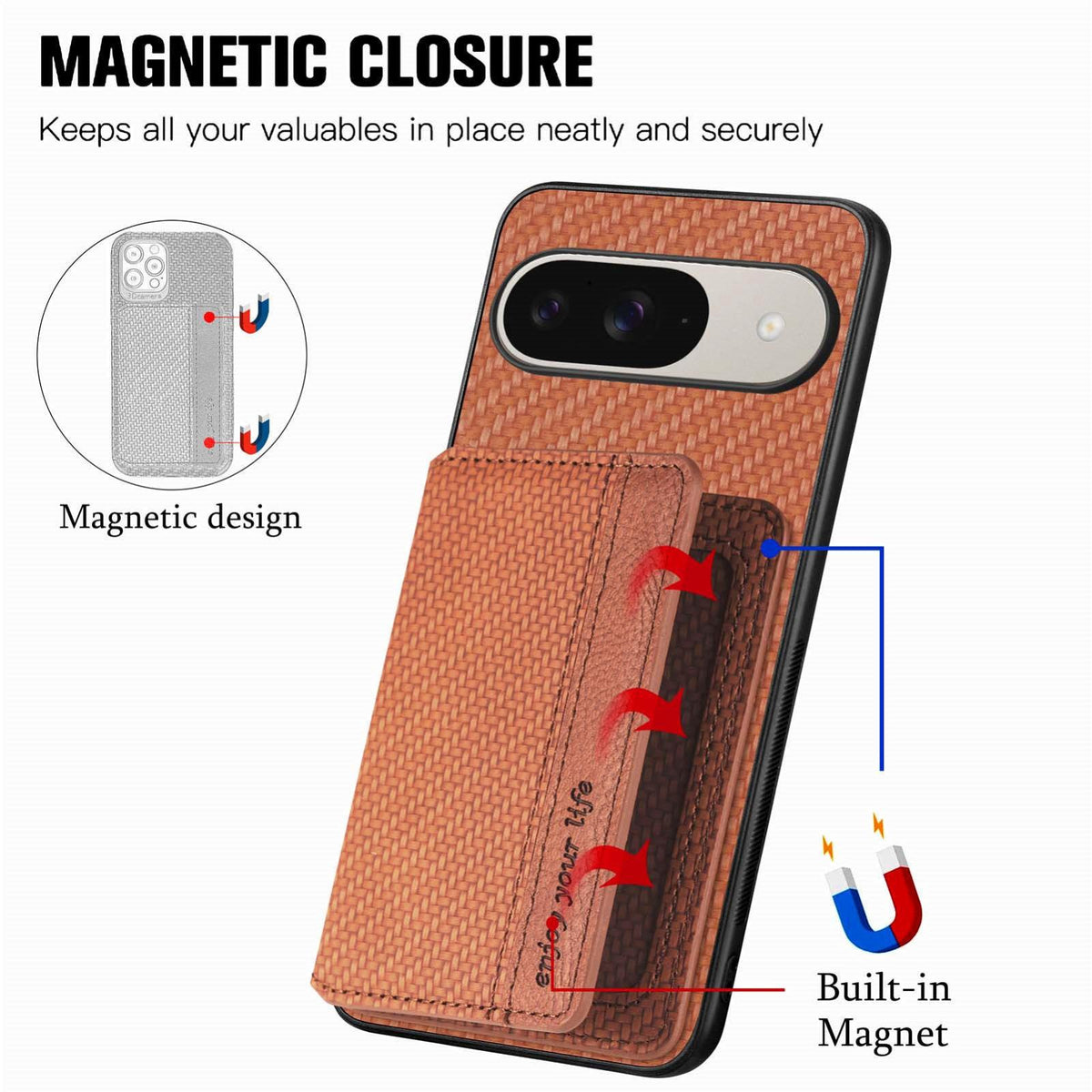 For Google Pixel 11 Pro XL Carbon Fiber Magnetic Card Bag Phone Case - Brown - SYA002236411C