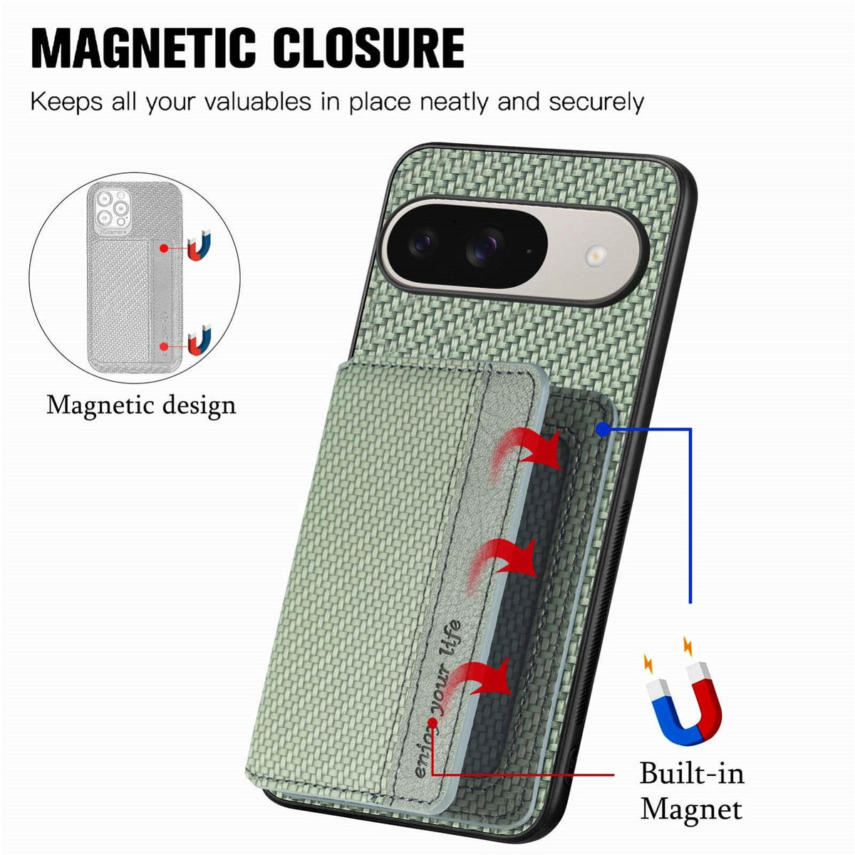 For Google Pixel 11 Pro XL Carbon Fiber Magnetic Card Bag Phone Case - Green - SYA002236411D