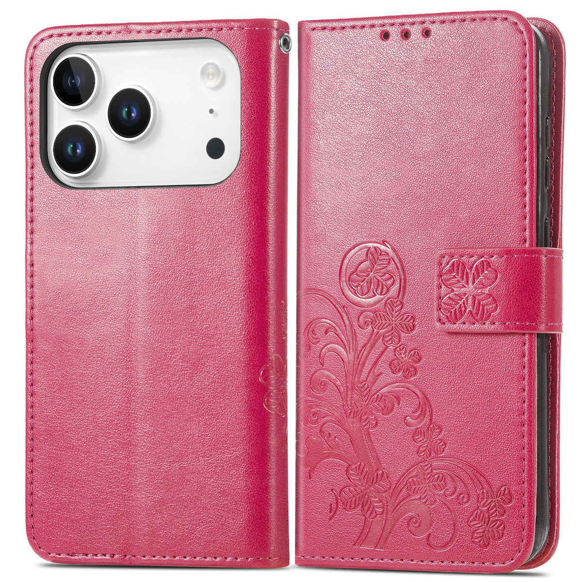 For iPhone 18 Pro Four-leaf Clasp Embossed Buckle Leather Phone Case - Magengta - SYA002244405A