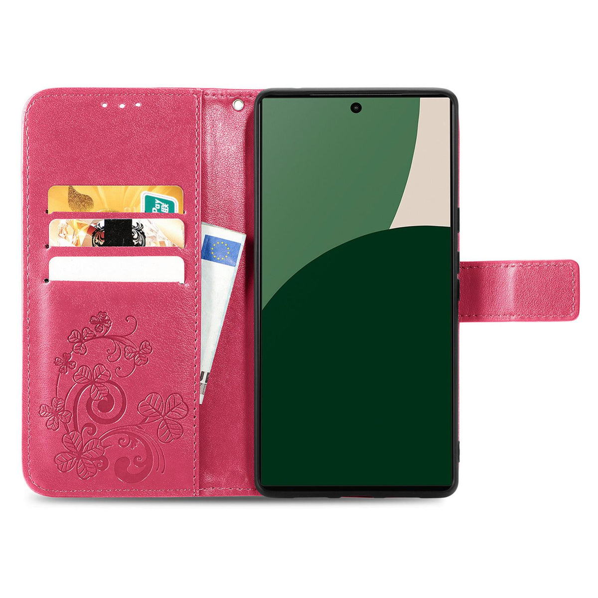 For iPhone 18 Pro Four-leaf Clasp Embossed Buckle Leather Phone Case - Magengta - SYA002244405A
