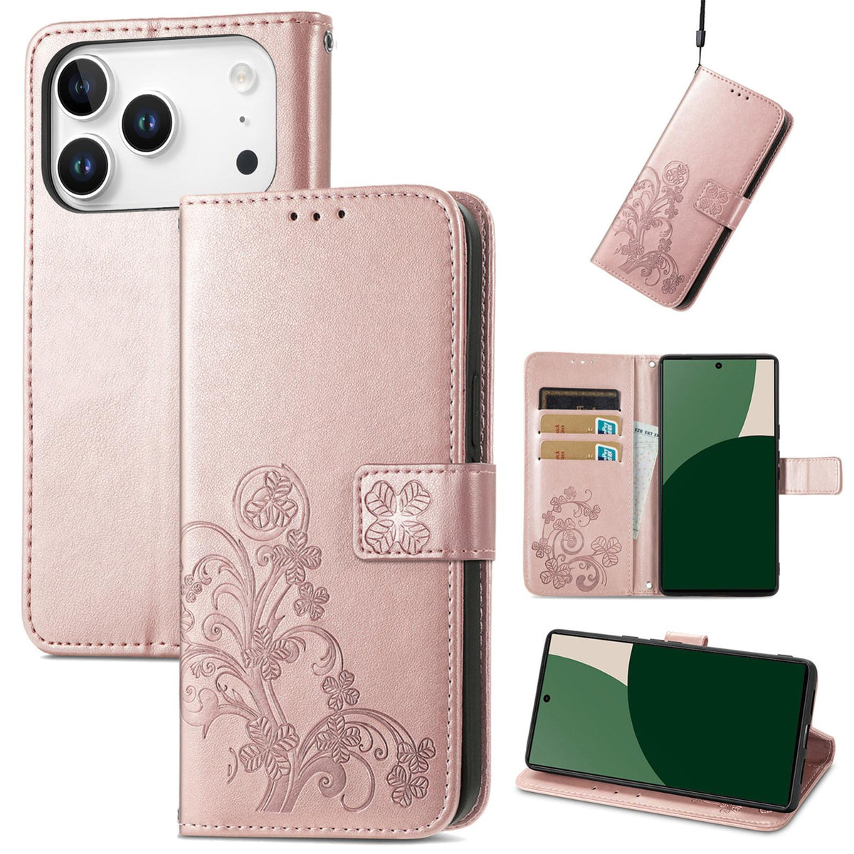 For iPhone 18 Pro Four-leaf Clasp Embossed Buckle Leather Phone Case - Rose Gold - SYA002244405B