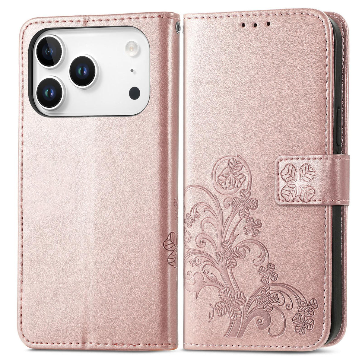 For iPhone 18 Pro Four-leaf Clasp Embossed Buckle Leather Phone Case - Rose Gold - SYA002244405B
