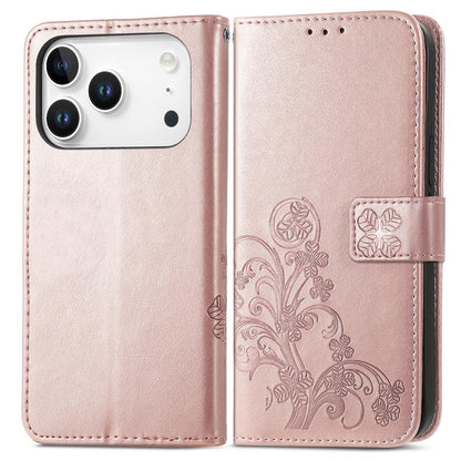 For iPhone 18 Pro Four-leaf Clasp Embossed Buckle Leather Phone Case - Rose Gold - SYA002244405B