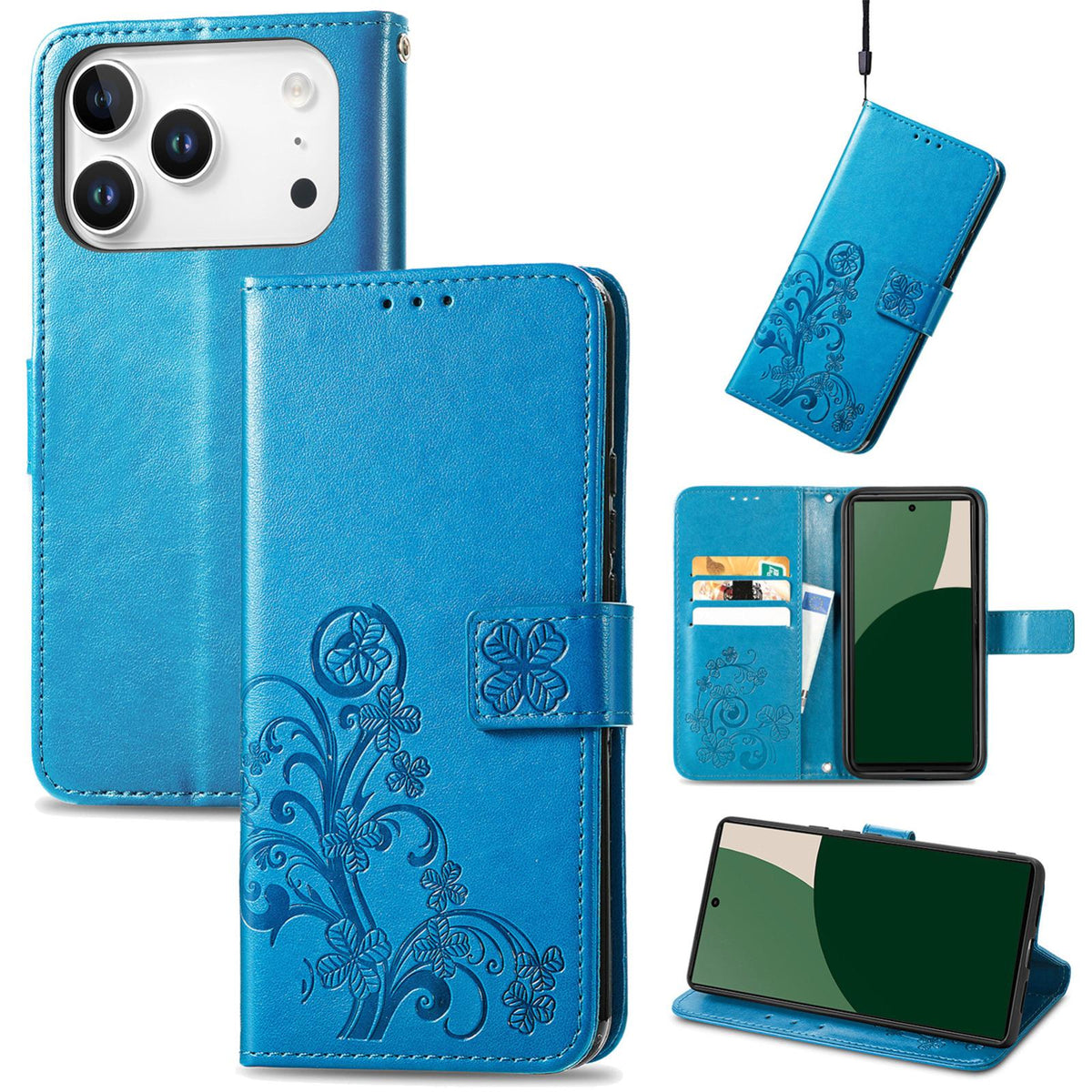 For iPhone 18 Pro Four-leaf Clasp Embossed Buckle Leather Phone Case - Blue - SYA002244405C