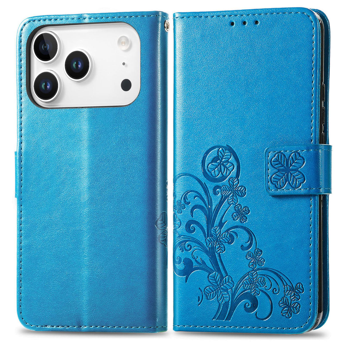 For iPhone 18 Pro Four-leaf Clasp Embossed Buckle Leather Phone Case - Blue - SYA002244405C